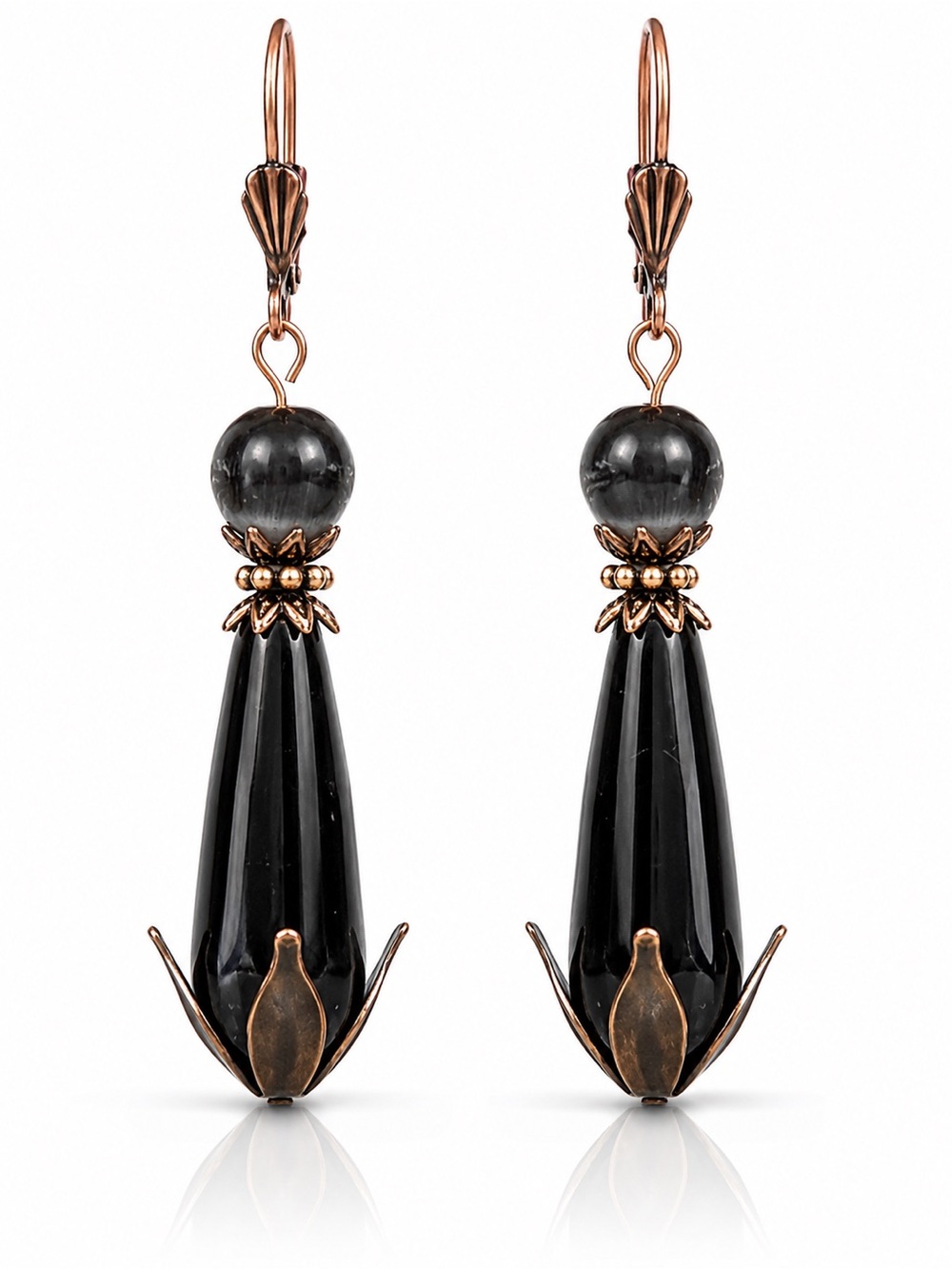 Black Cat Eye Art Nouveau Teardrop Earrings, Antique Copper, Premium Hooks, OOAK - Picture 6 of 9